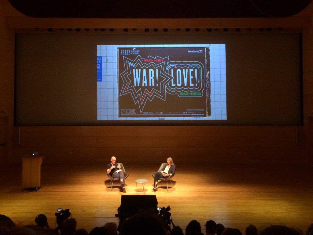 Paula Scher and Adrian Shaughnessy in conversation at an AIGA NY talk