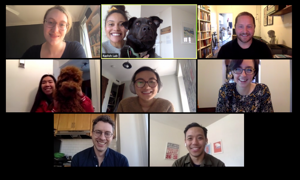 A photo of Radish Lab team members on a Zoom conference call, smiling at the camera. 