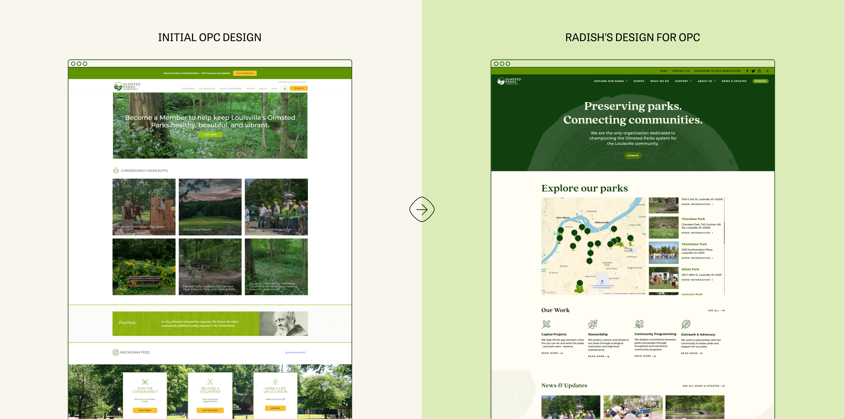 A split-screen image showing OPC's website before and after a Radish redesigns